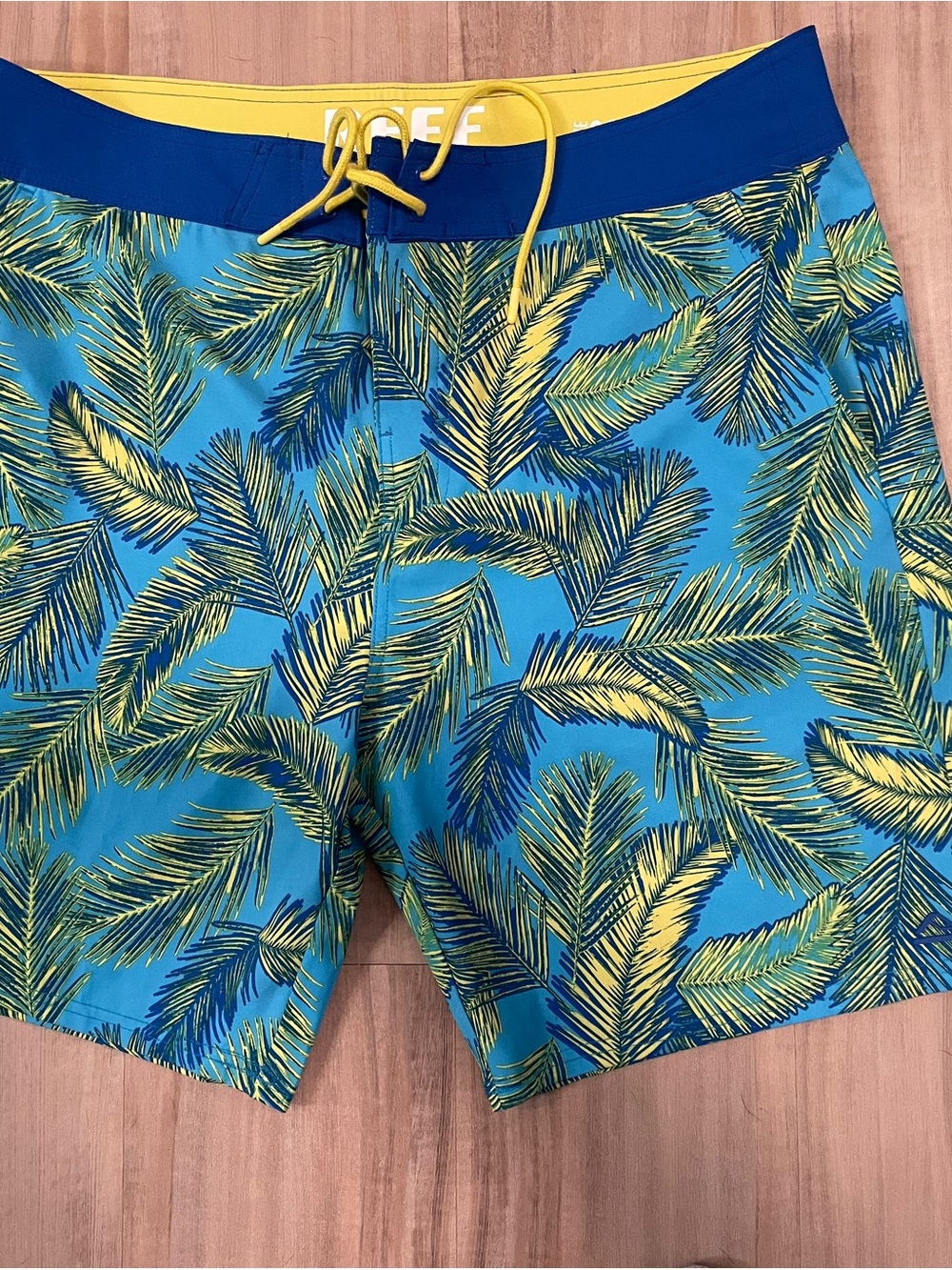 Reef Men’s Teal Swim Shorts with Yellow Palm Print